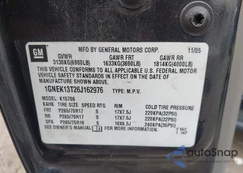 2006 Chevrolet Tahoe Lt z USA, uszkodzony, nr VIN 1GNEK13T26J162976